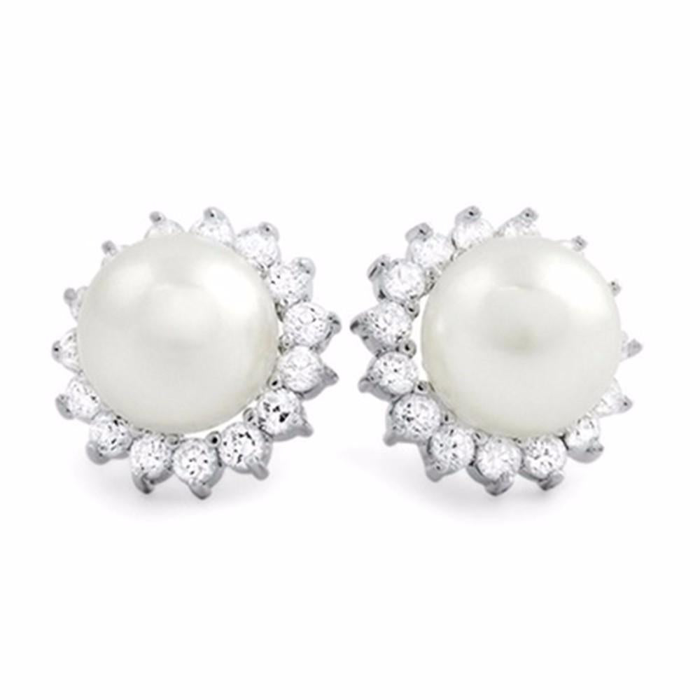 Women’s 925 Sterling Silver Stud Earrings with Simulated Pearl and Cubic Zirconia