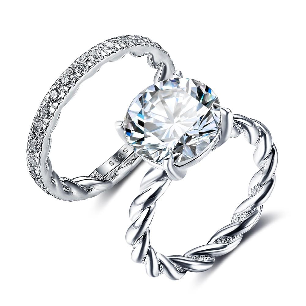 925 Sterling Silver Rope & Band Ring Set with 12mm 6.5 CT Cubic Zirconia, Jewelry Gifts for Women