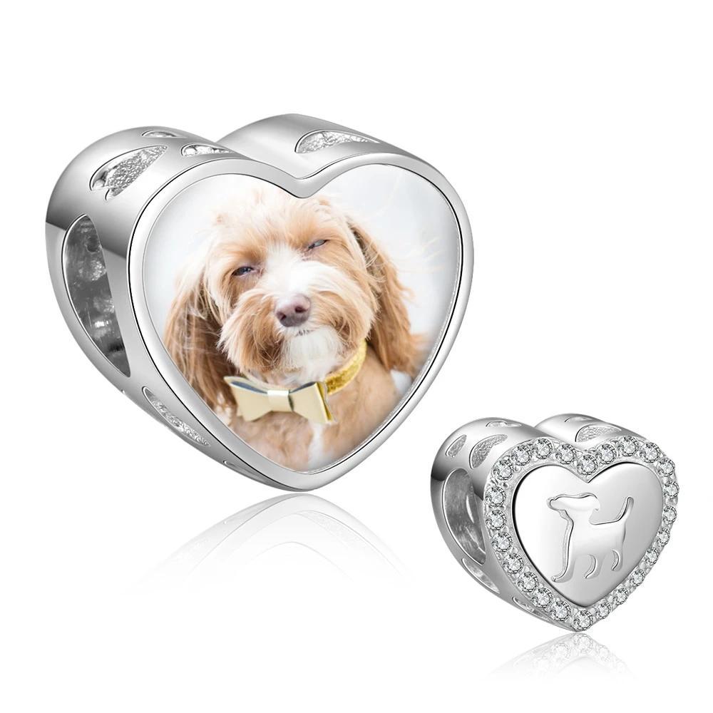 Personalized Dog Charms Heart Beads with DIY Customized Photo & Clear CZ, Fit Bracelet Jewelry