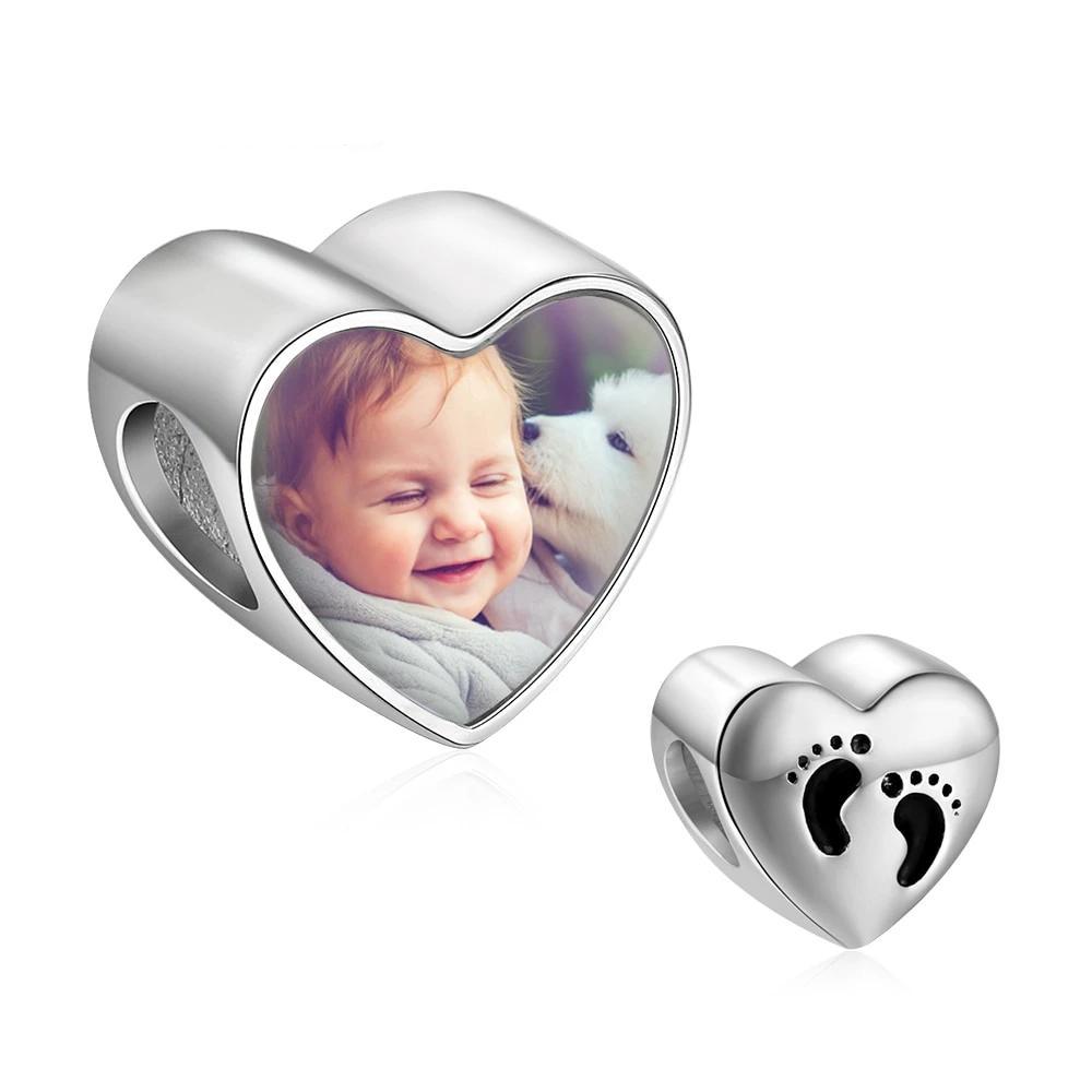 Personalized Custom Heart Shaped Charms / Beads with Baby Feet for Necklace or Bracelet, Jewelry Making Accessory