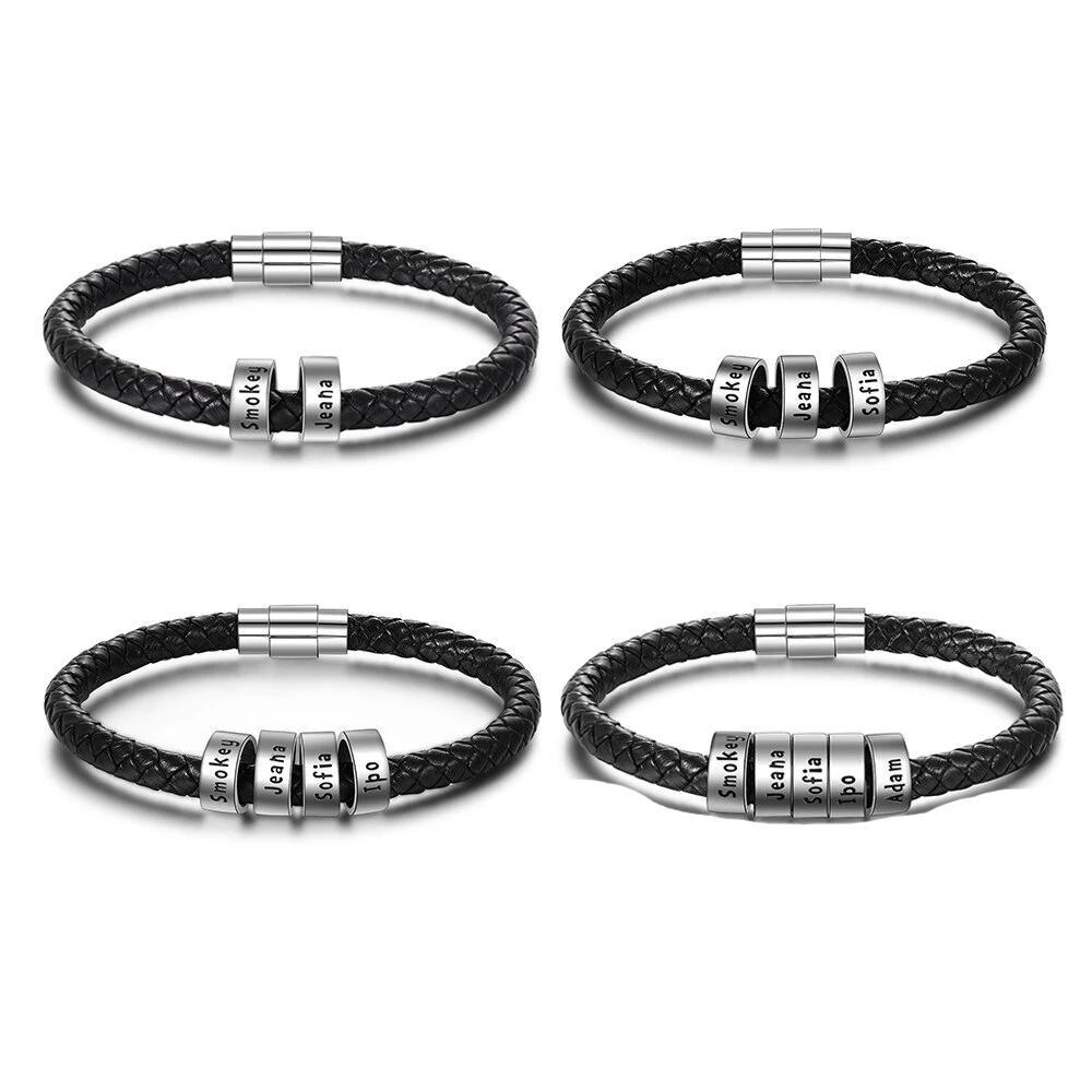 Sterling Silver Personalized Custom Name Beads Bracelets for Men Charm Black Braided Rope Leather Bracelet Jewelry