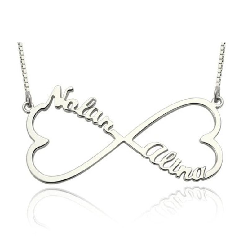Personalized 925 Sterling Silver Name Necklace with Double Heart Customize Pendant, Jewelry Birthday Gift for Women