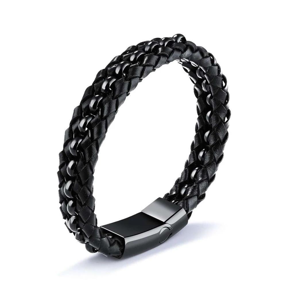 200mm Length Black Stainless Steel and Leather Bracelet for Men, Fashion Jewelry Gift
