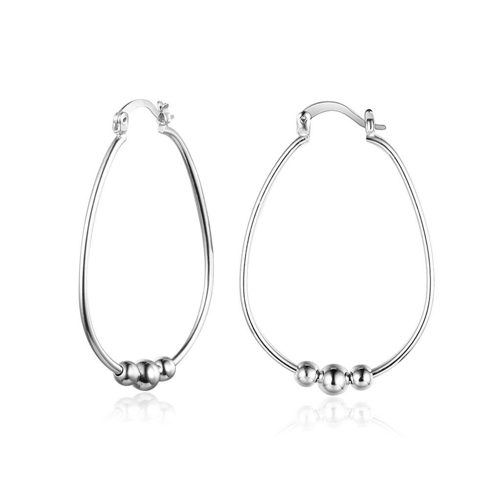 Sterling Silver Earrings - Women Fashion Jewelry - Rhodium Plated - Big Circle with Sliding Bead Hoop Earrings