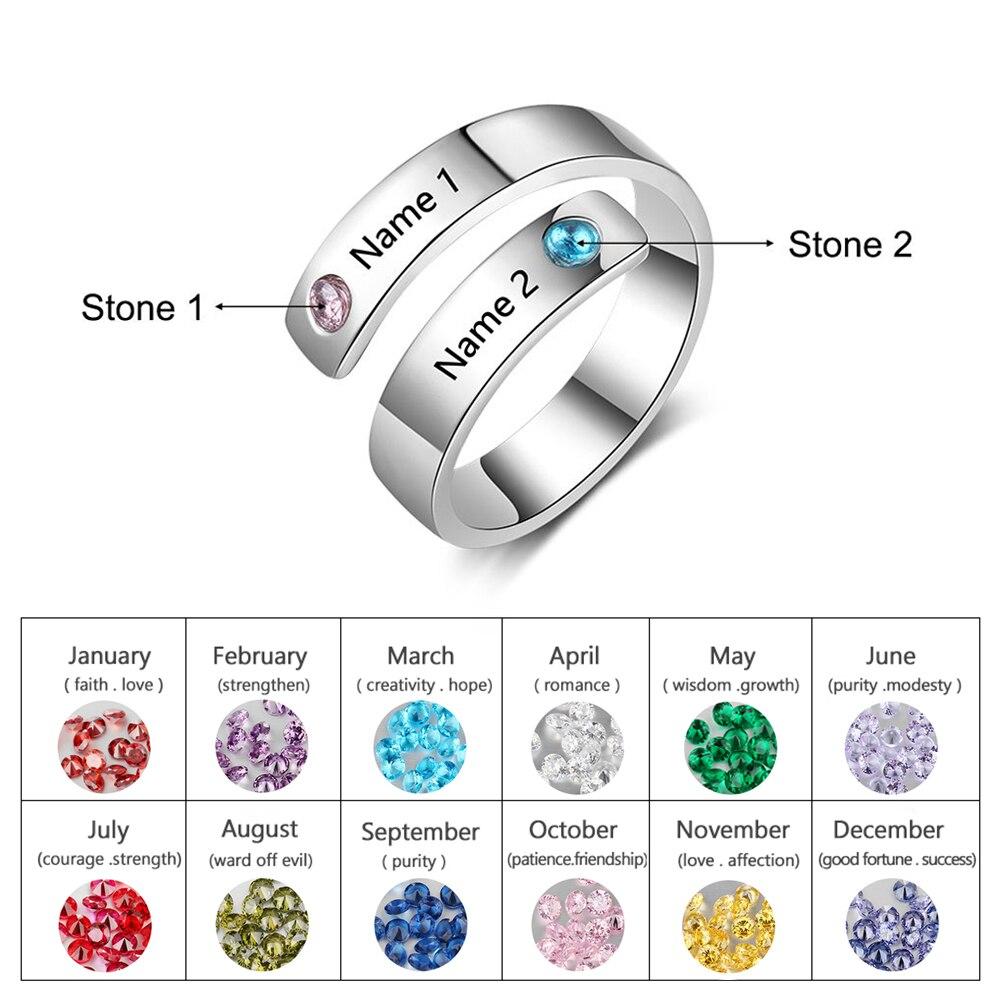 Personalized Silver Ring - Two Custom Names - Two Custom Birthstones -Customized Gifts