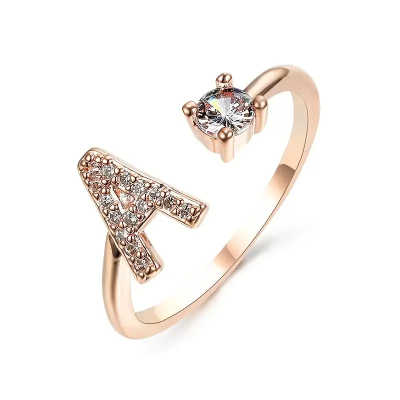 Initial Letter Adjustable Ring With Glittering Stones