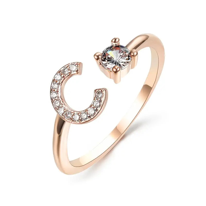 Initial Letter Adjustable Ring With Glittering Stones