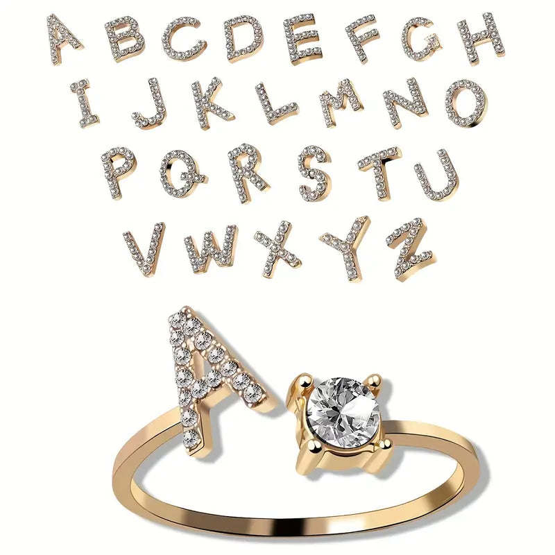 Initial Letter Adjustable Ring With Glittering Stones