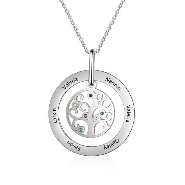 Personalized Stainless Steel Tree Of Life 6 Names & Birthstones Engraved Pendant Necklace, Fashion Jewelry Gift for Women
