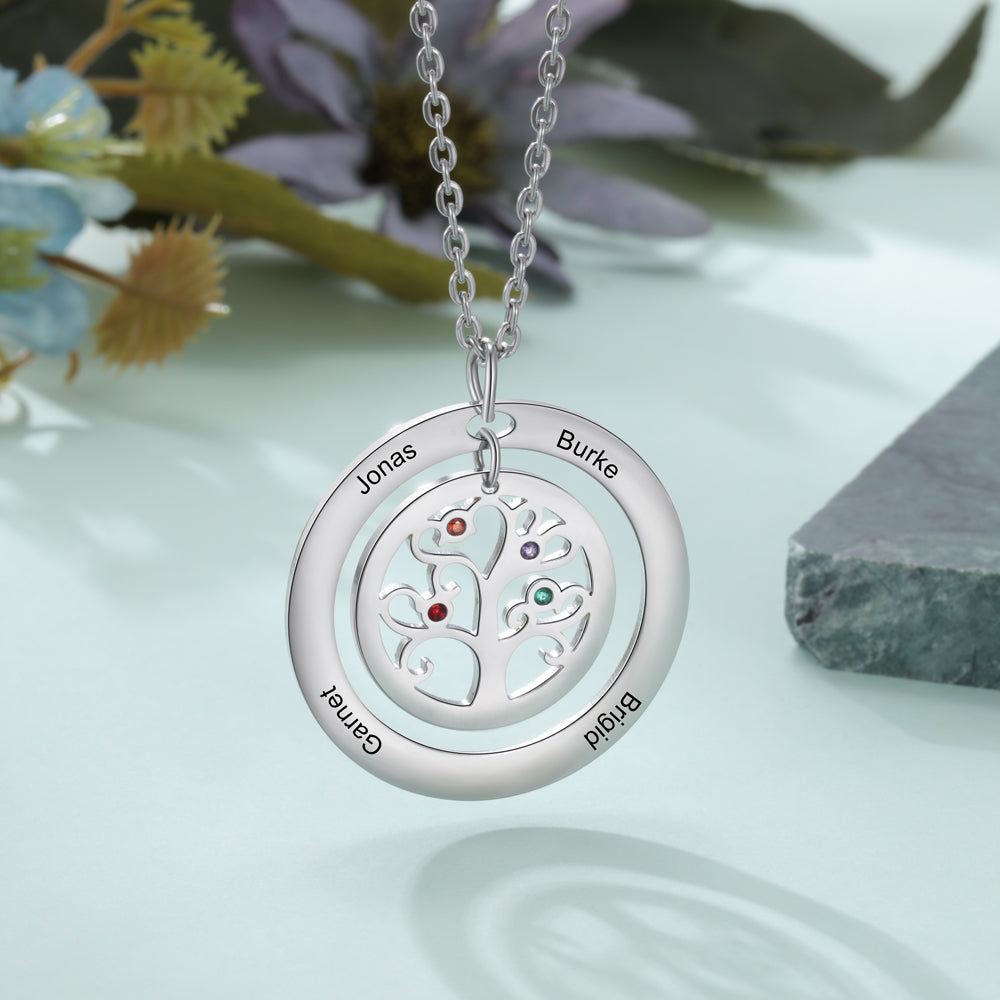 Personalized Stainless Steel Tree Of Life 4 Names & Birthstones Engraved Pendant Necklace, Fashion Jewelry Gift for Women