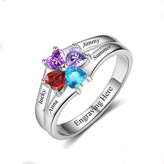 4 Sterling Silver Personalized Mothers Ring with Birthstones Custom Engraved Engagement Promise Silver Rings for Women