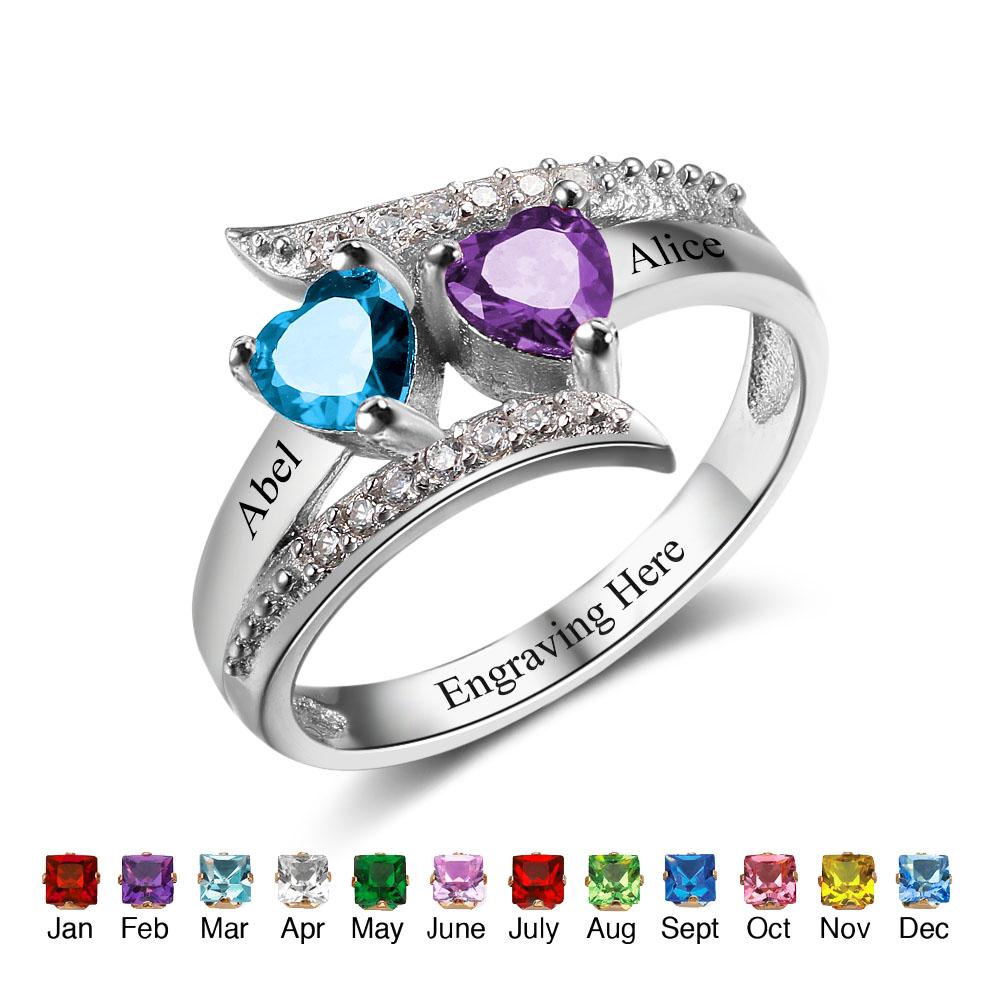 Crystal Diamond Heart 925 Sterling Silver Ring - 2 Birthstone & Engraved Text