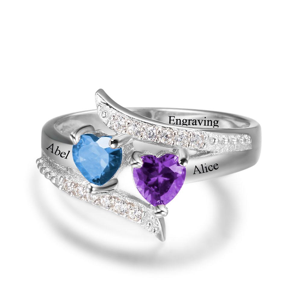 Crystal Diamond Heart 925 Sterling Silver Ring - 2 Birthstone & Engraved Text