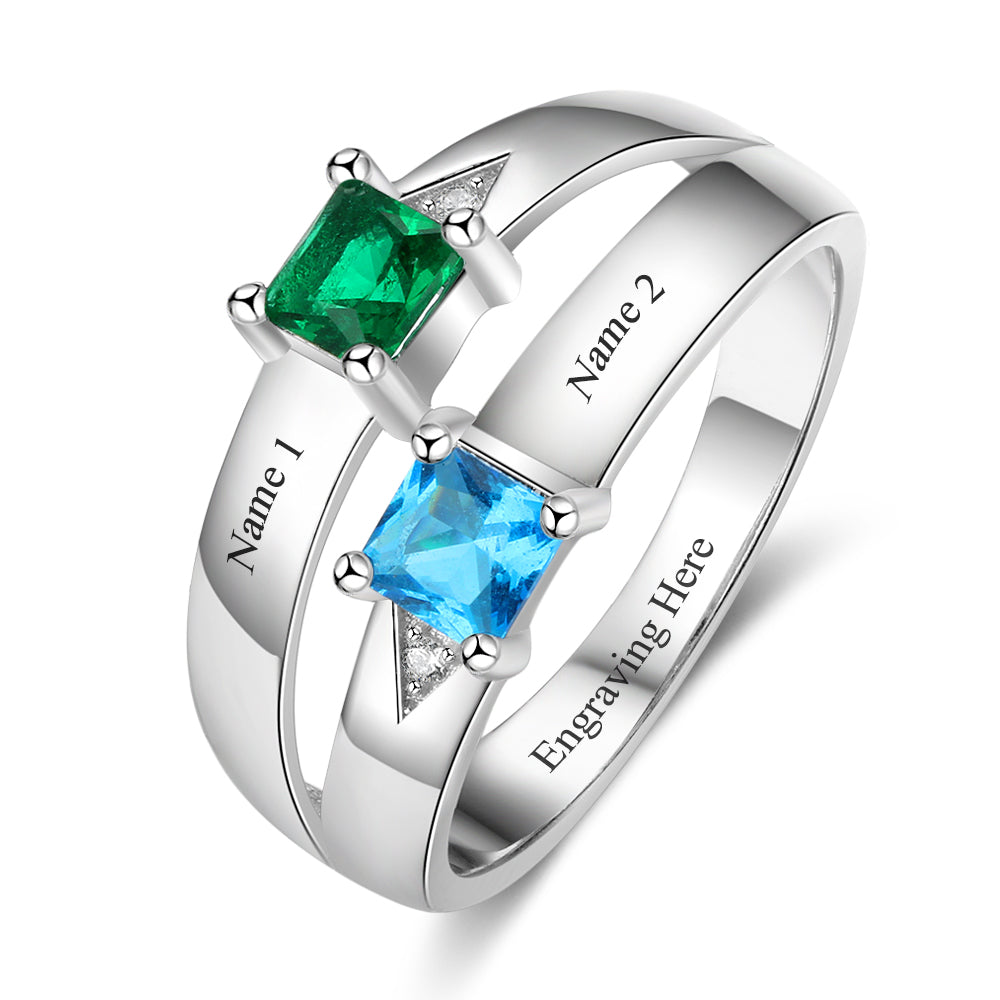 Personalized Gift for Love Engrave names 2 Birthstone Promise Rings For Women 925 Sterling Silver Jewelry