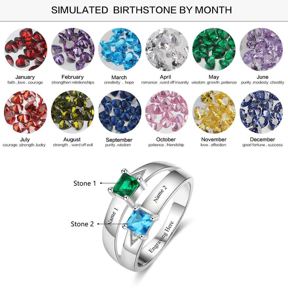 Personalized Gift for Love Engrave names 2 Birthstone Promise Rings For Women 925 Sterling Silver Jewelry