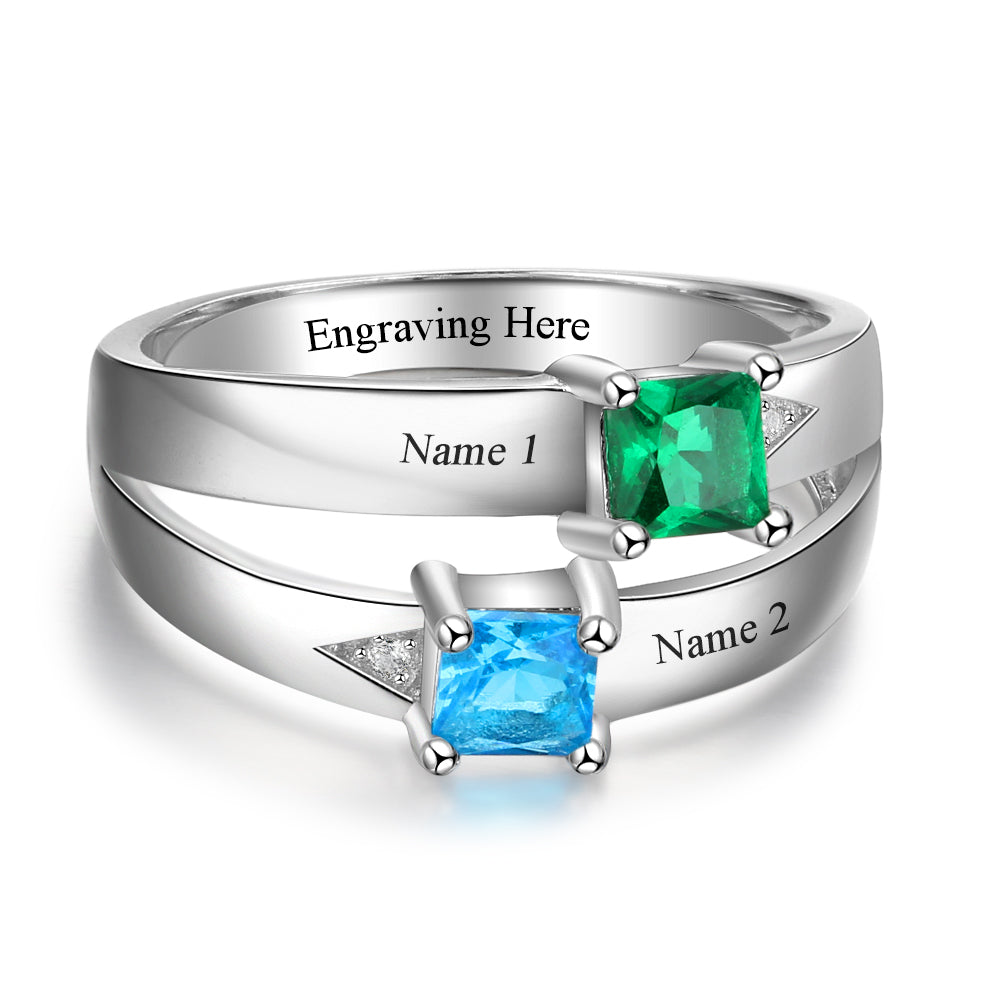 Personalized Gift for Love Engrave names 2 Birthstone Promise Rings For Women 925 Sterling Silver Jewelry