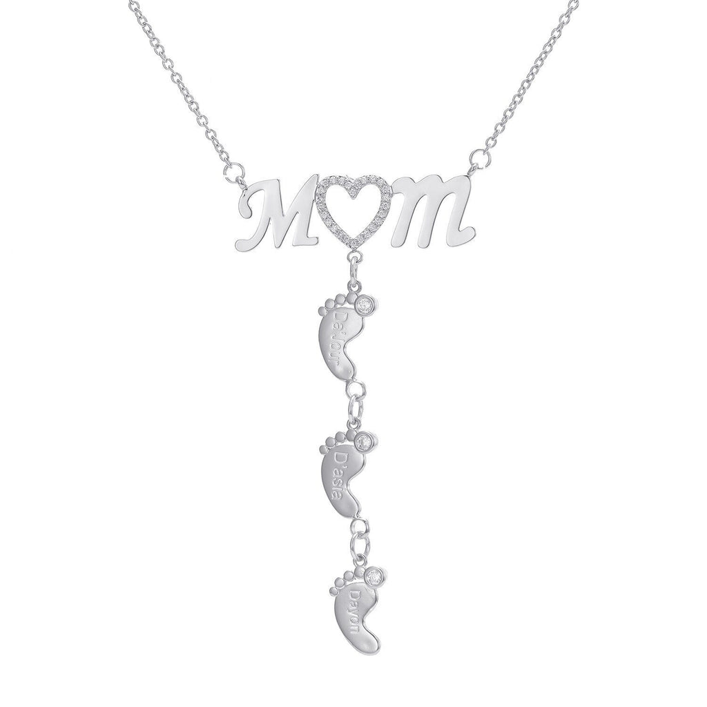 Personalized Inlay CZ Heart Mom 3 Baby Feet Drop Pendant Necklace For Mother's Day