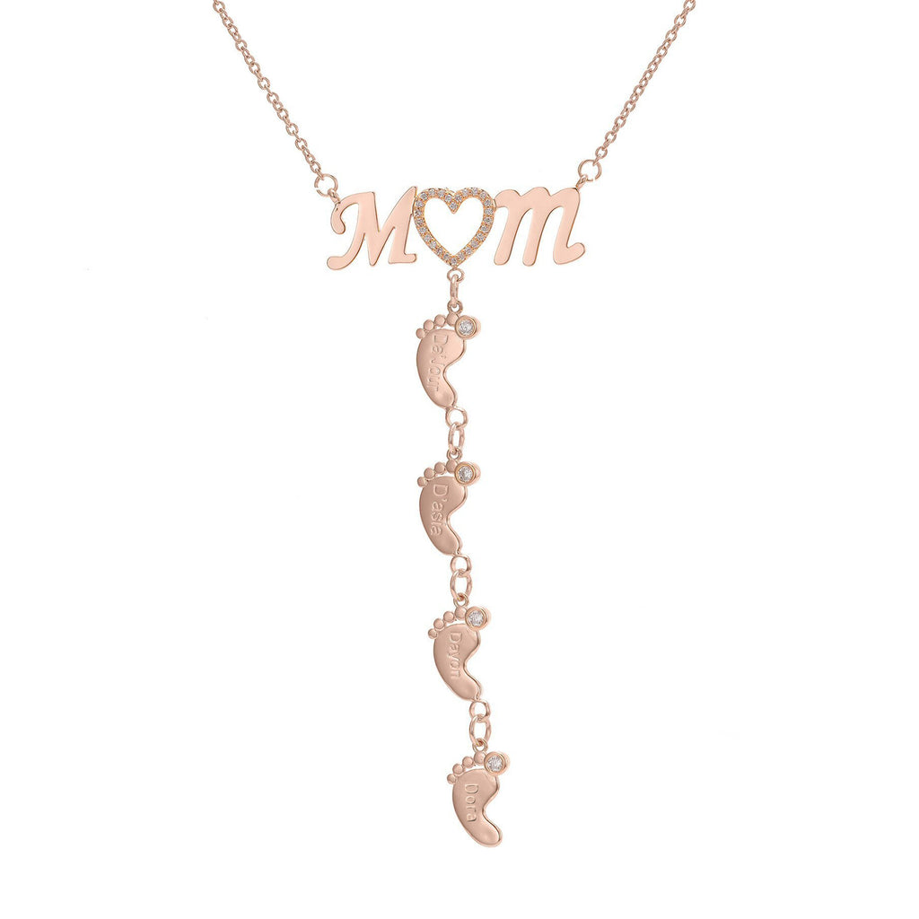 Personalized Inlay CZ Heart Mom 4 Baby Feet Drop Pendant Necklace For Mother's Day