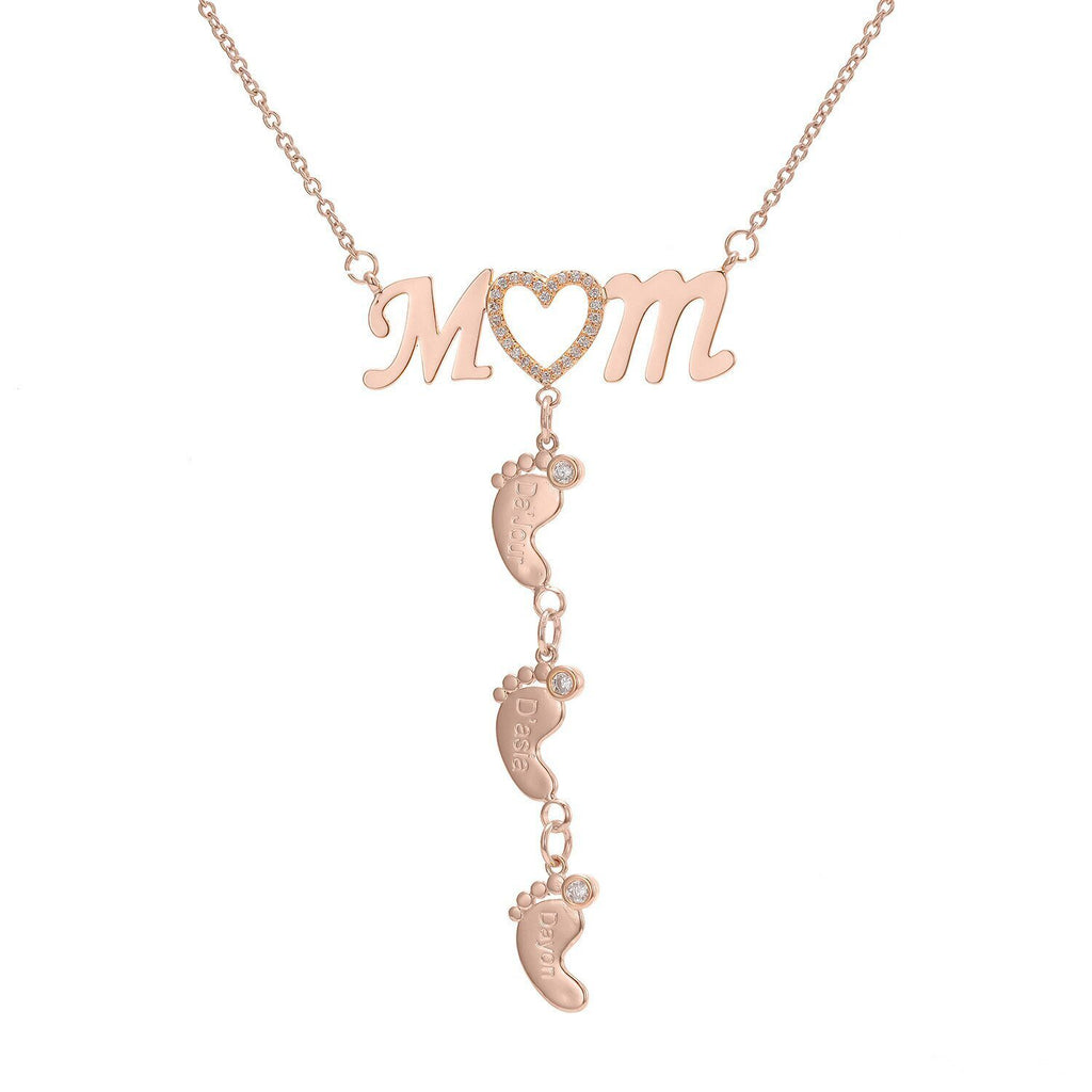 Personalized Inlay CZ Heart Mom 3 Baby Feet Drop Pendant Necklace For Mother's Day
