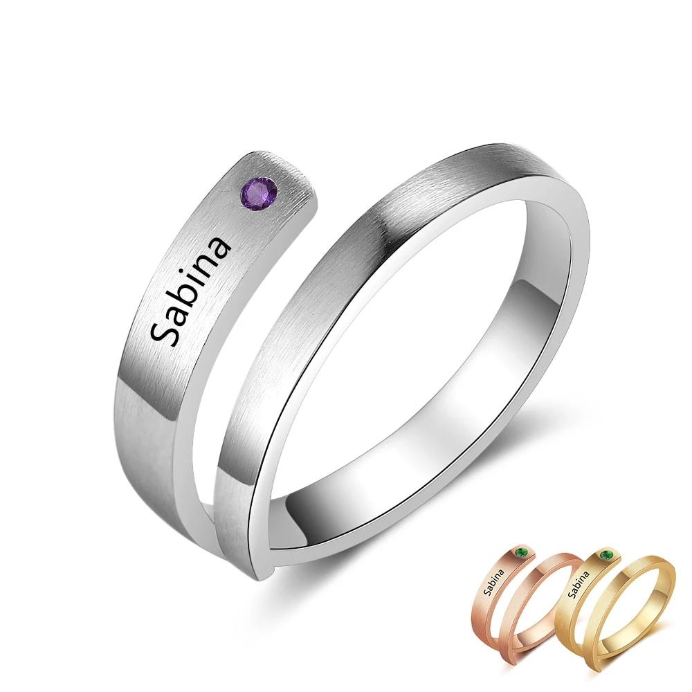 Personalized Stainless Steel Adjustable Wrap Rings - Custom Name &amp; Customized Birthstone, 3 Color Options