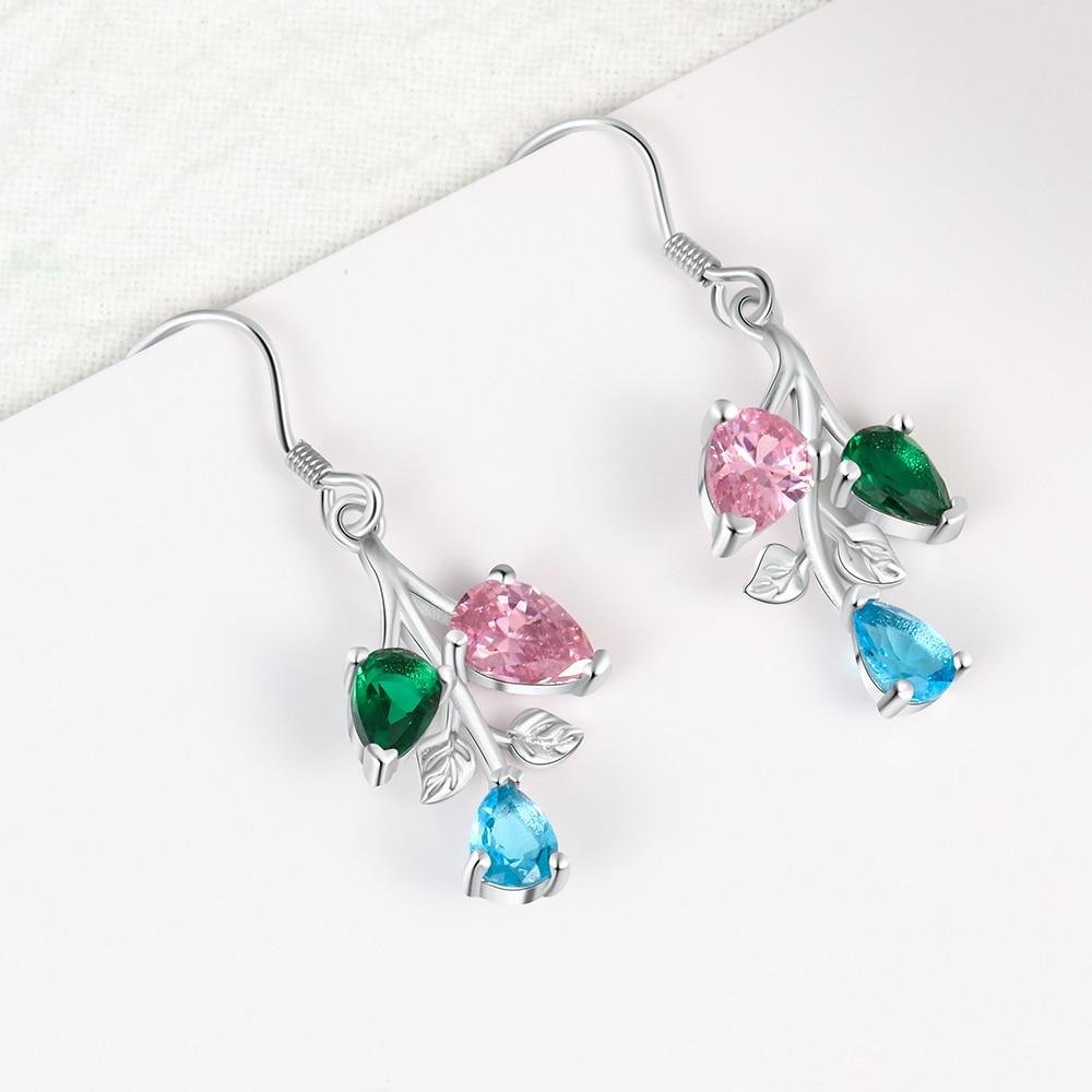 Personalized Drop Branch Leaf Dangle Earrings with Customized 3 Birthstones, Gift Earrings for Women