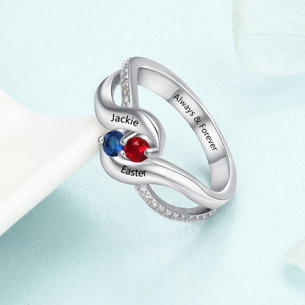Personalized Sterling Silver Ring - Engrave One Special Phrase, Two Custom Names & Two Custom Birthstones - Women’s Fashion Jewelry