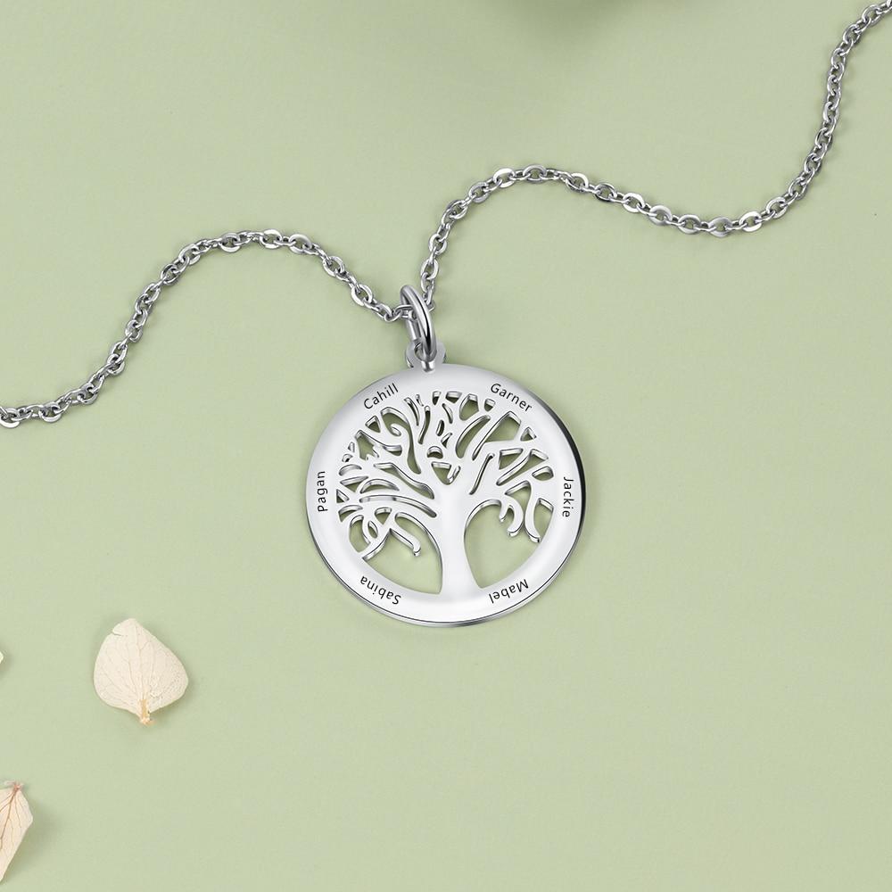 Personalized Stainless Steel Tree Of Life Names Engraved Pendant Necklace, Fashion Jewelry Gift for Mom