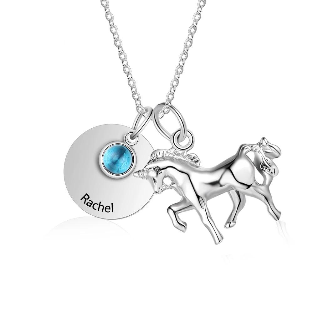 Personalized Stainless Steel Pendant Necklace - One Engraved Custom Name - One Custom Birthstone - Round Metal & Horse Pendant - Gift for Women