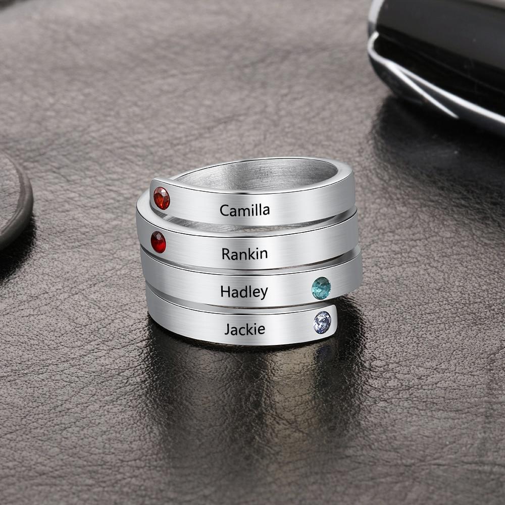 Personalized Women’s Stainless Steel Stackable Rings – Engrave Four Names – Four Custom Birthstones – Family Gift