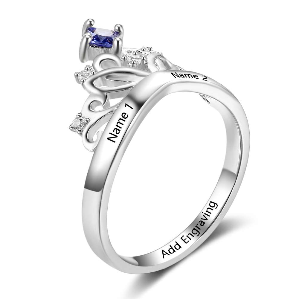 Crown Design Birthstone Ring 925 Sterling Silver, Engrave Name Anniversary Personalized Gift