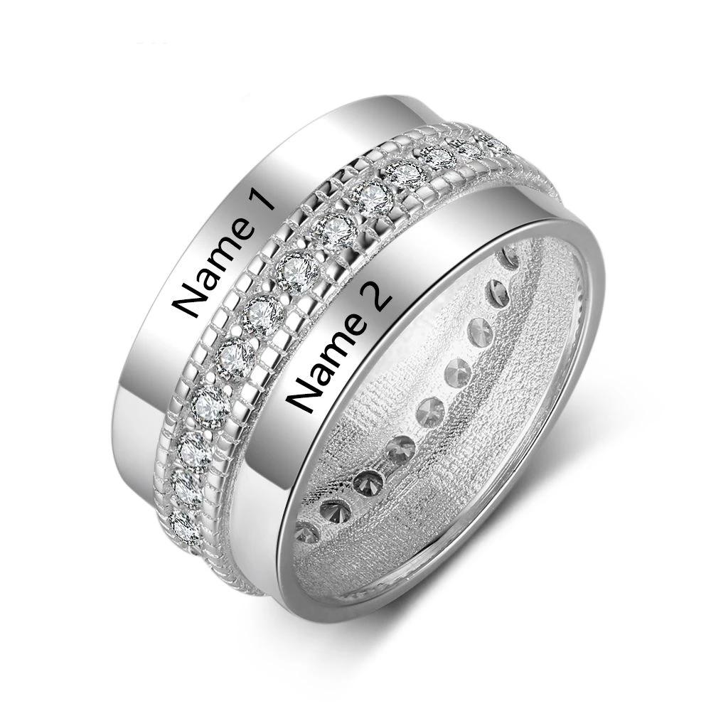 Personalized 925 Sterling Silver Ring - Beautiful Cubic Zirconia Stones - Two Custom Names - Engraved Lovers