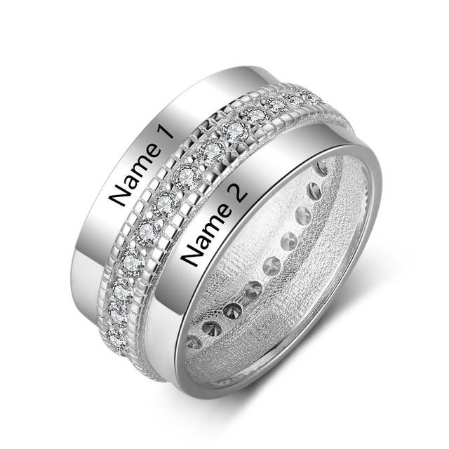 Personalized 925 Sterling Silver Ring - Beautiful Cubic Zirconia Stones - Two Custom Names - Engraved Lovers