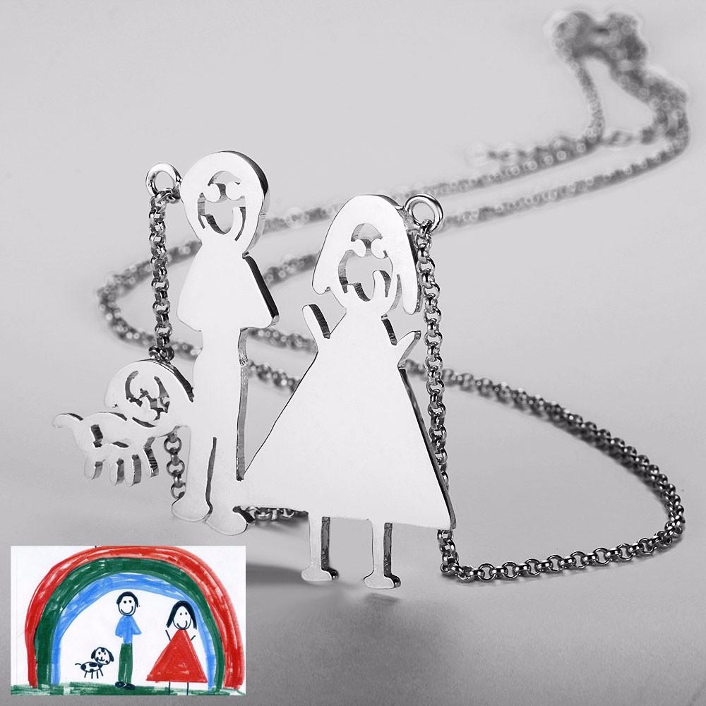 Personalized 925 Sterling Silver Family Drawing Necklace, Hand Drawn Family Love Pendant, Perfect Jewelry Gift for Women