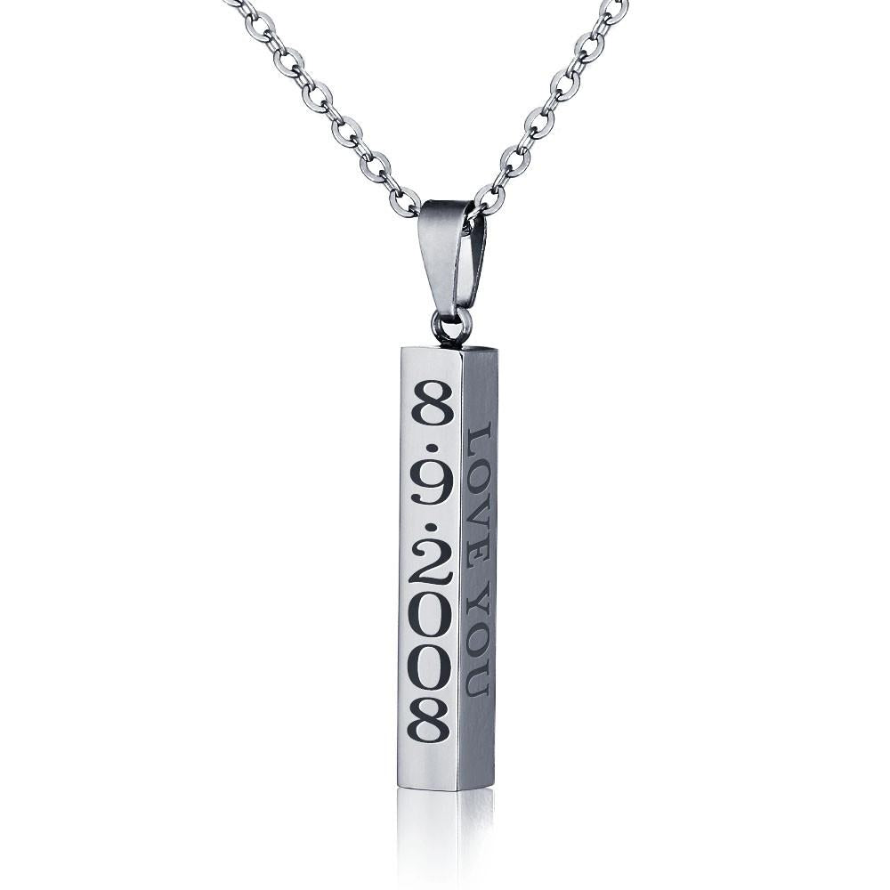 Personalized Name Date Necklace - Engravable Vertical Bar Pendant - Unisex Stainless Steel Jewelry