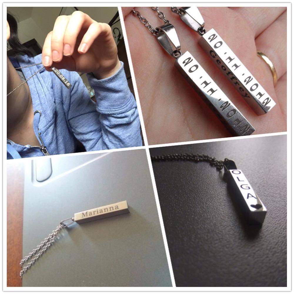 Personalized Name Date Necklace - Engravable Vertical Bar Pendant - Unisex Stainless Steel Jewelry