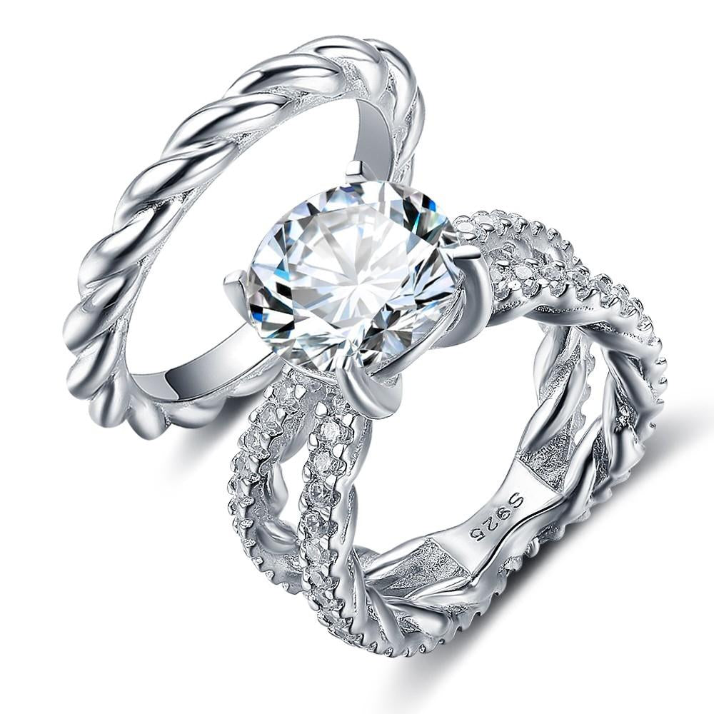 925 Sterling Silver Open Band & Rope Rings Set with 12mm 6.5 CT Cubic Zirconia, Jewelry Gift for Women