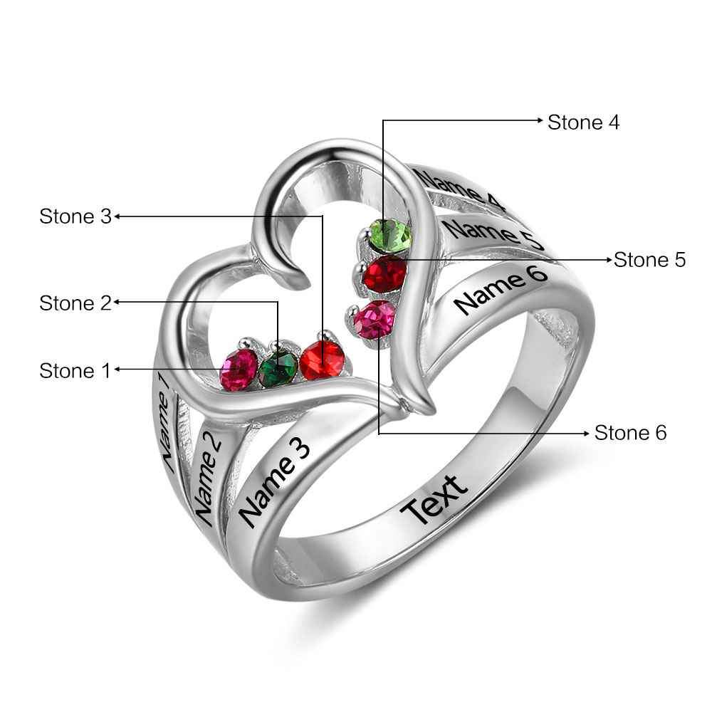 New 925 Sterling Silver Birthstone Ring Engrave Name Engagement Rings Love Heart Shape Rings Free Gift Box