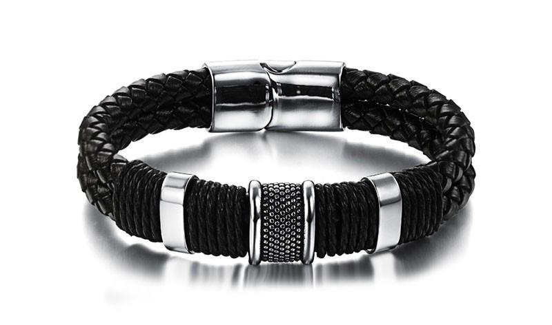 Classic Bracelets for Men - Stainless Steel and Genuine Leather Wide Bracelet - Magnetic Buckle - Trendy Design - Great Gift