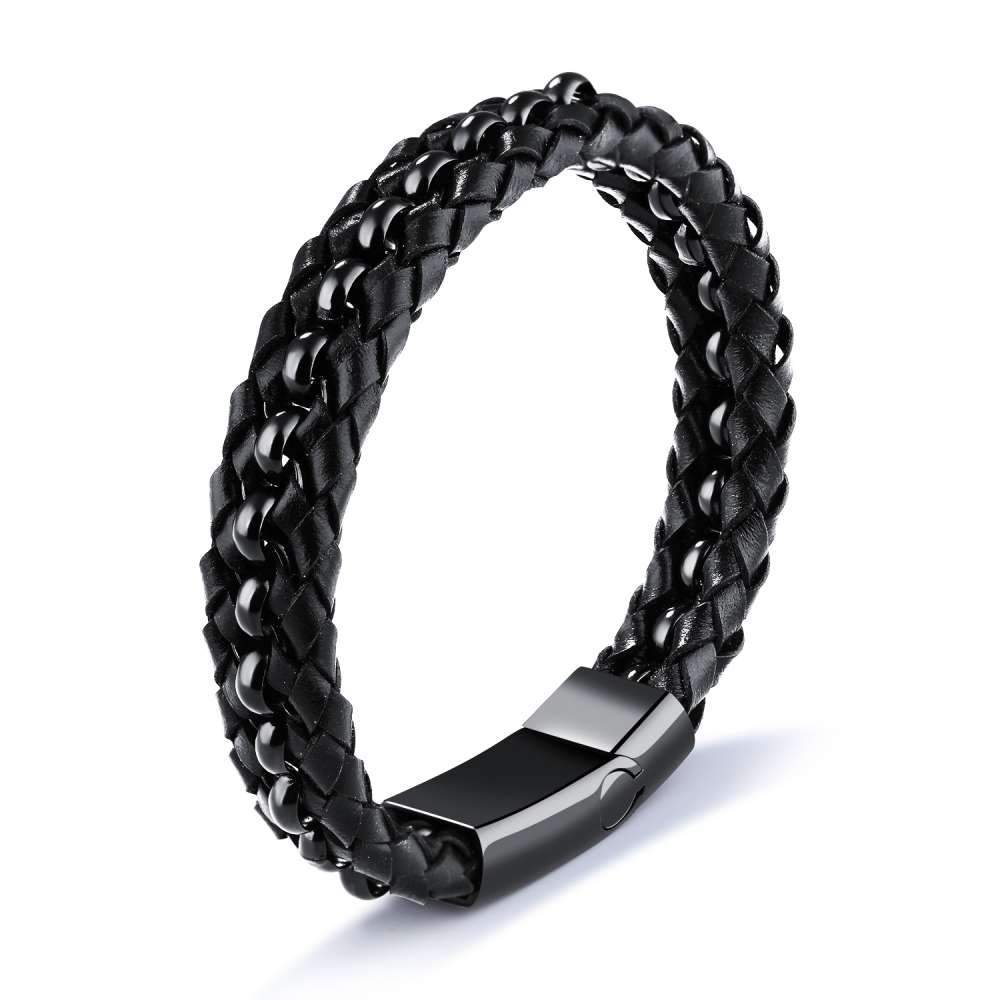 200mm Length Black Stainless Steel and Leather Bracelet for Men, Fashion Jewelry Gift