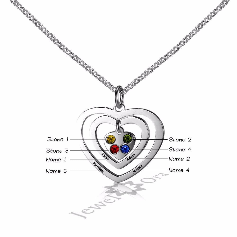 Personalized 925 Sterling Silver Hollow Heart Necklace, Four Name & Four Birthstone Engraved Heart Pendant, Jewelry Gift for Her