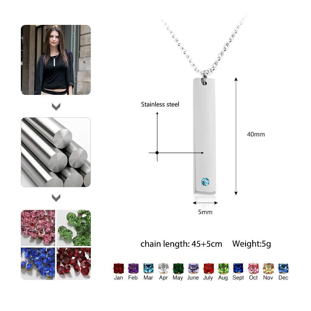 Personalized Stainless Steel Necklace with Engrave Name Bar & Birthstone Pendant