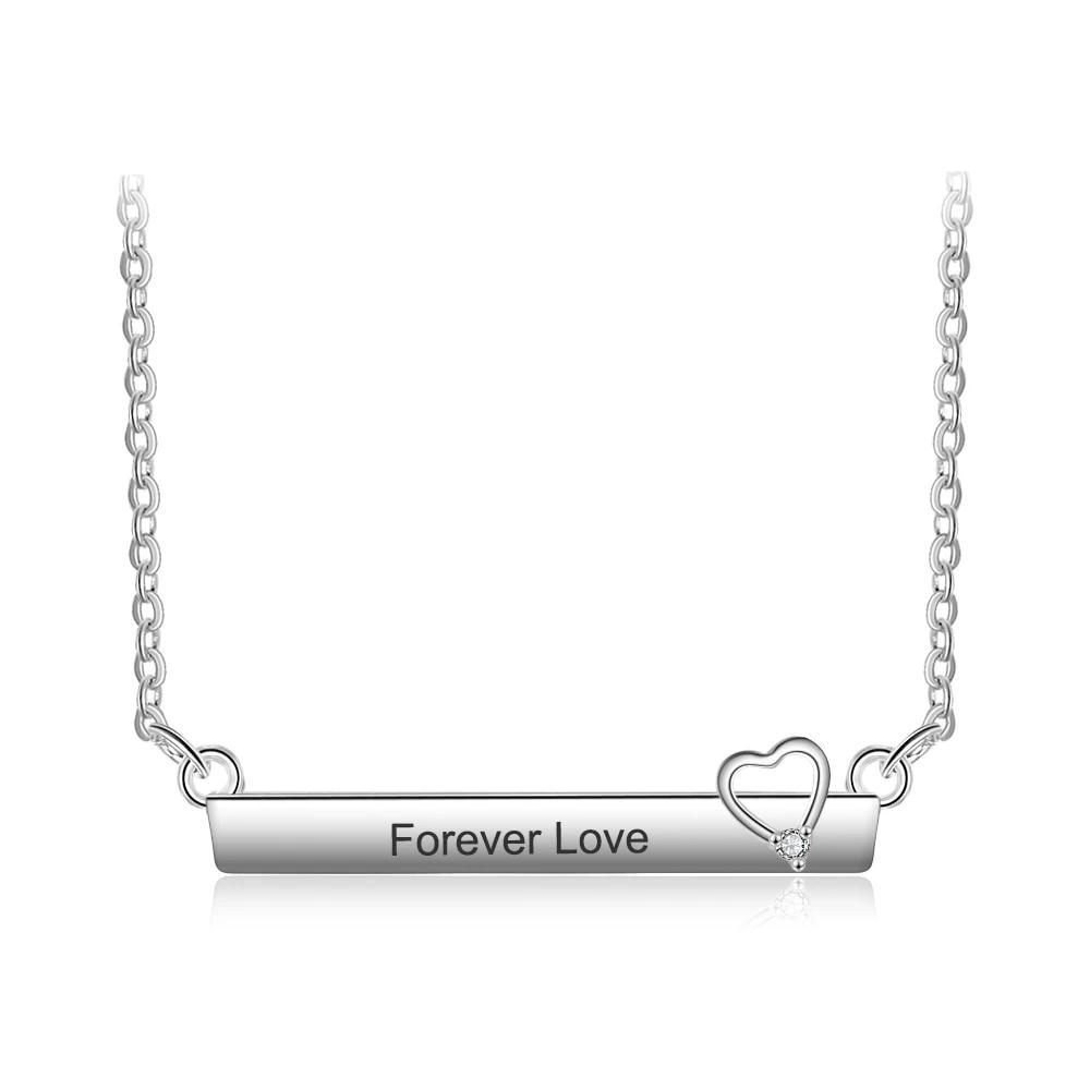 Personalized Silver Engraved Name Necklace with Strip-Shaped & Hollow Heart Pendant, Trendy Women's Jewelry with Cubic Zirconia