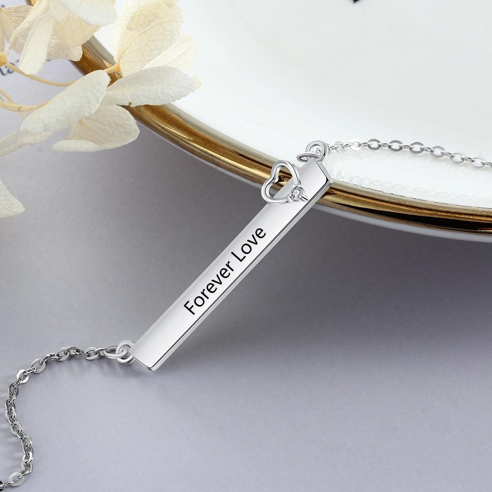 Personalized Silver Engraved Name Necklace with Strip-Shaped & Hollow Heart Pendant, Trendy Women's Jewelry with Cubic Zirconia