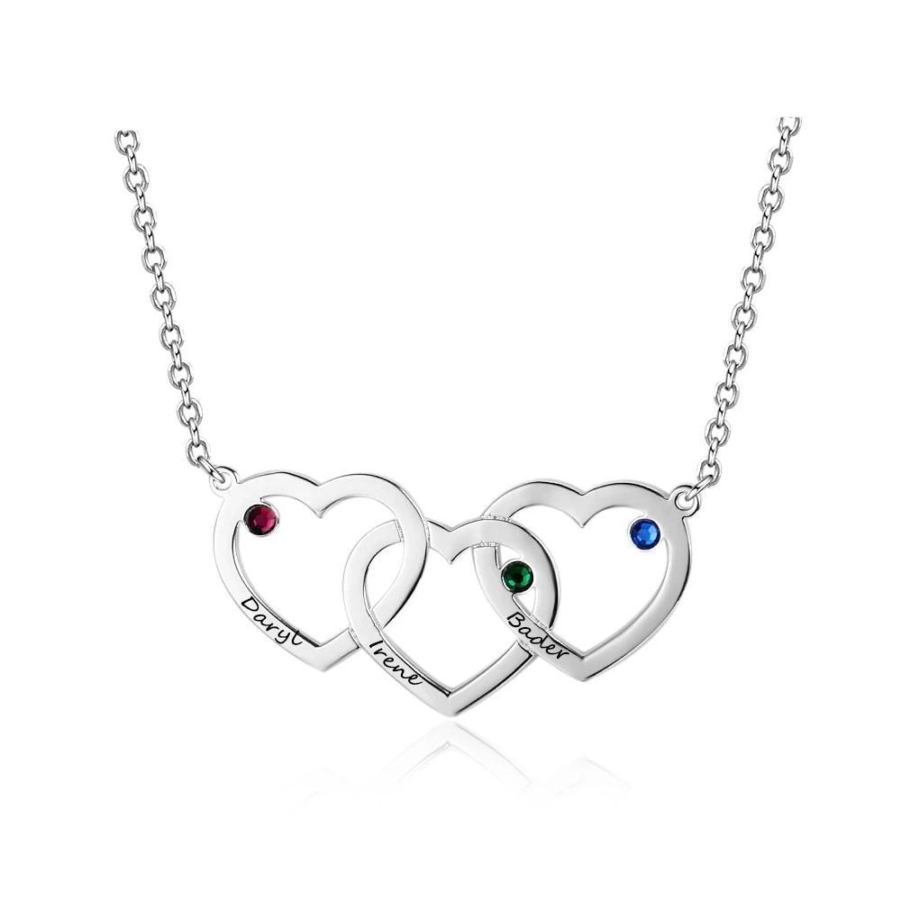Personalized 925 Sterling Silver Pendant Necklace - Intertwined Hearts Shape Pendants - Engrave Three Custom Names & Custom Birthstones