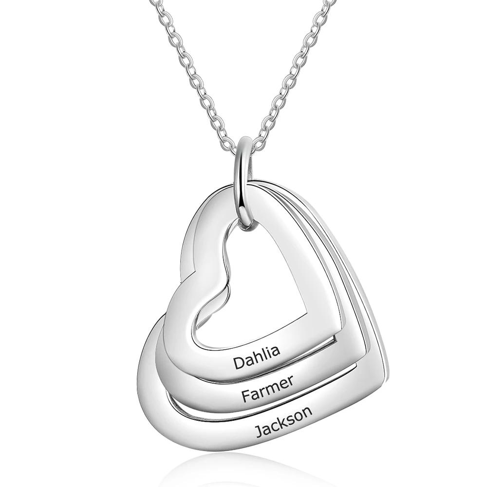 Personalized Stainless Steel Triple Heart 3 Names Engraved Necklace, Fashion Jewelry Gift for Women