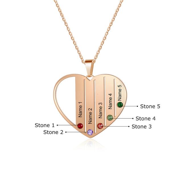 Personalized Stainless Steel Jewelry - Heart-Shaped Pendant - Engrave Five Custom Names & Add Birthstones - Three Metal Color - Customized Gifts