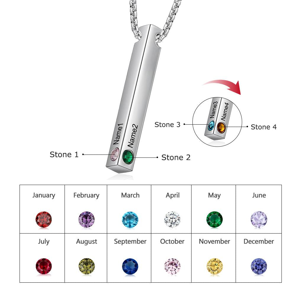 Personalized Stainless Steel Custom Name Bar Necklace, Engrave Name & Custom 4 Sides Birthstone Vertical Bar Pendant