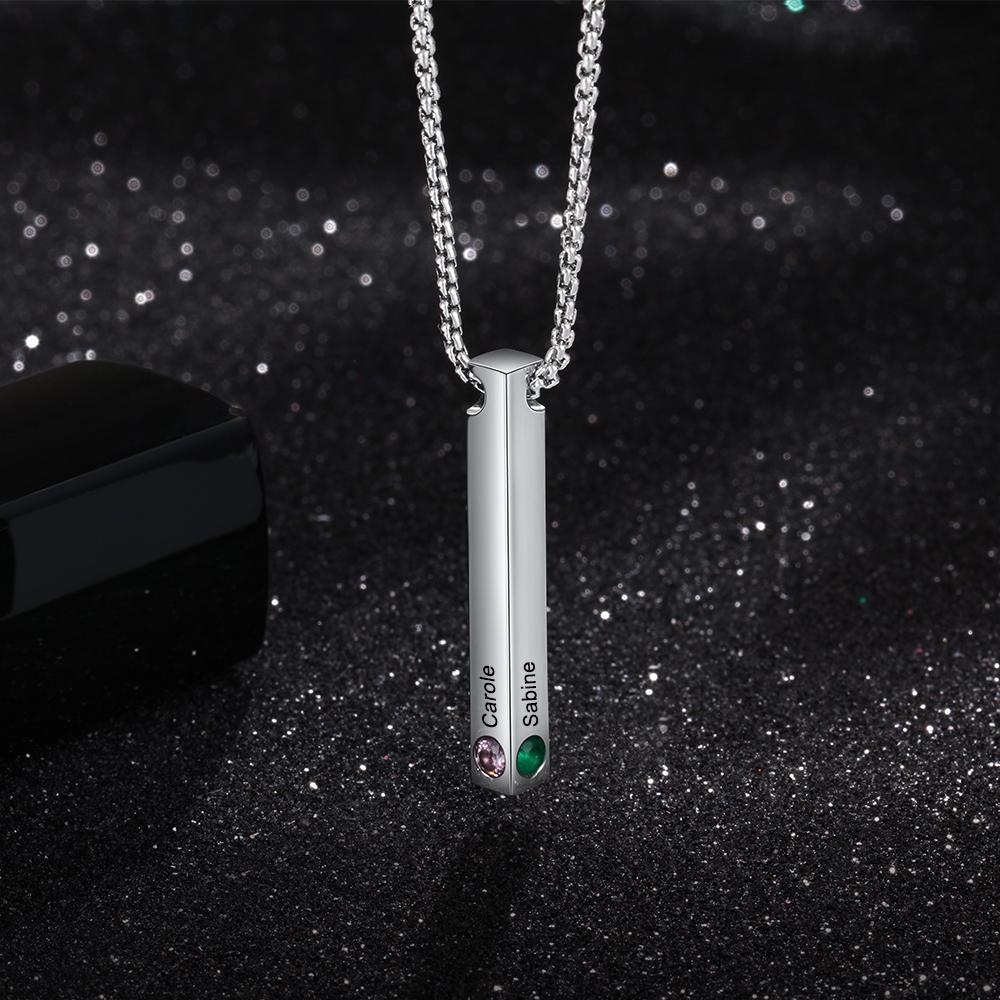 Personalized Stainless Steel Custom Name Bar Necklace, Engrave Name & Custom 4 Sides Birthstone Vertical Bar Pendant