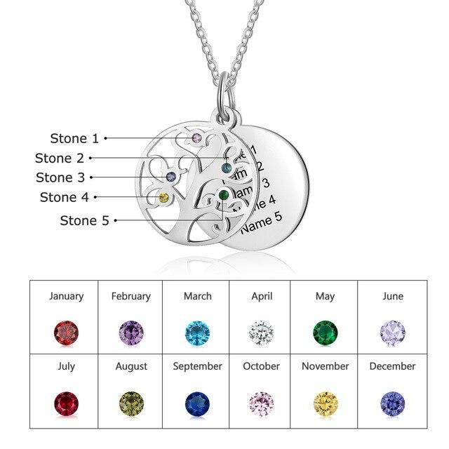 Personalized Stainless Steel Necklace - Engraved Five Custom Names & Birthstones - Family Tree Pendant