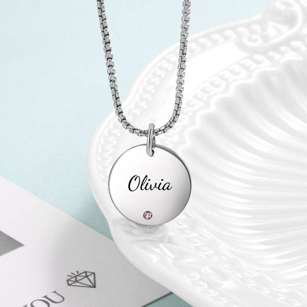 Round Stainless Steel Personalized Necklace for Women with Birthstone & Custom Name Pendant
